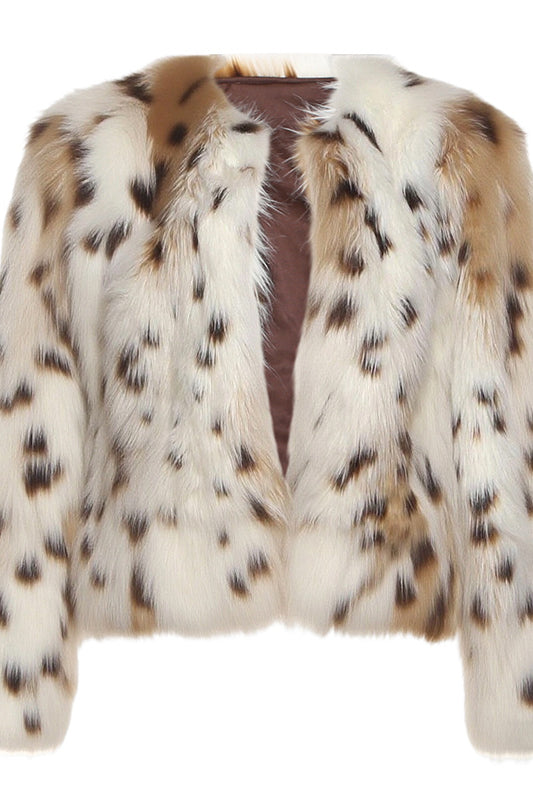 Plush white faux fur leopard print jacket for langry fashion ملابس