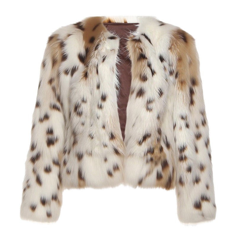 Plush white faux fur leopard print jacket for langry fashion ملابس