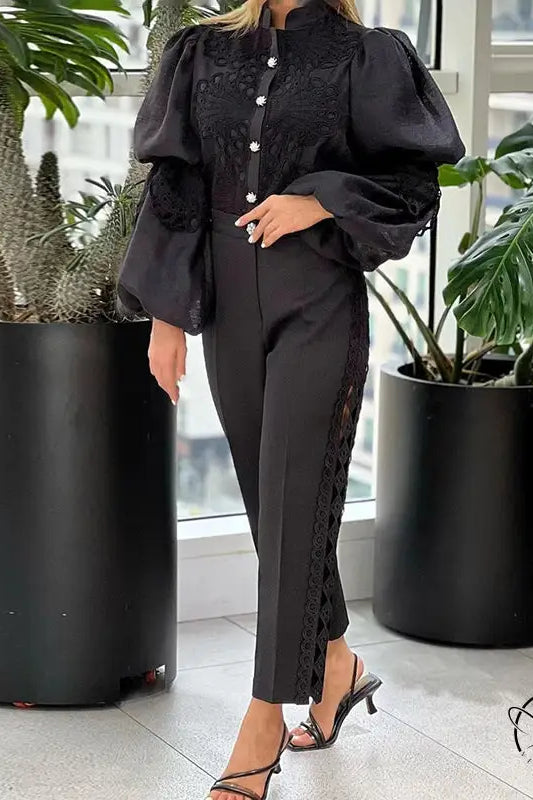 Elegant French artistic palace embroidery jumpsuit with black lace accents