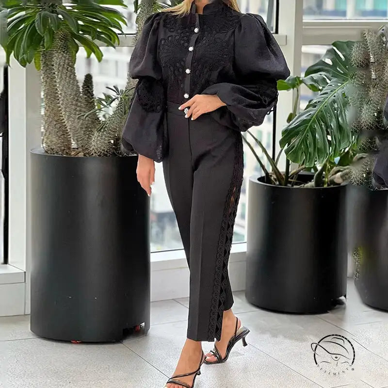 Elegant French artistic palace embroidery jumpsuit with black lace accents