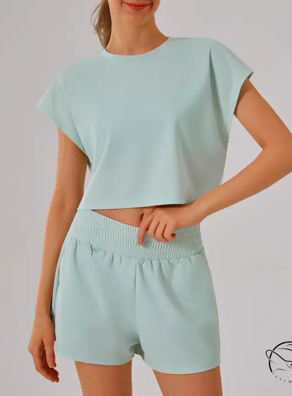 Mint green loose sports yoga fitness set crop top and shorts