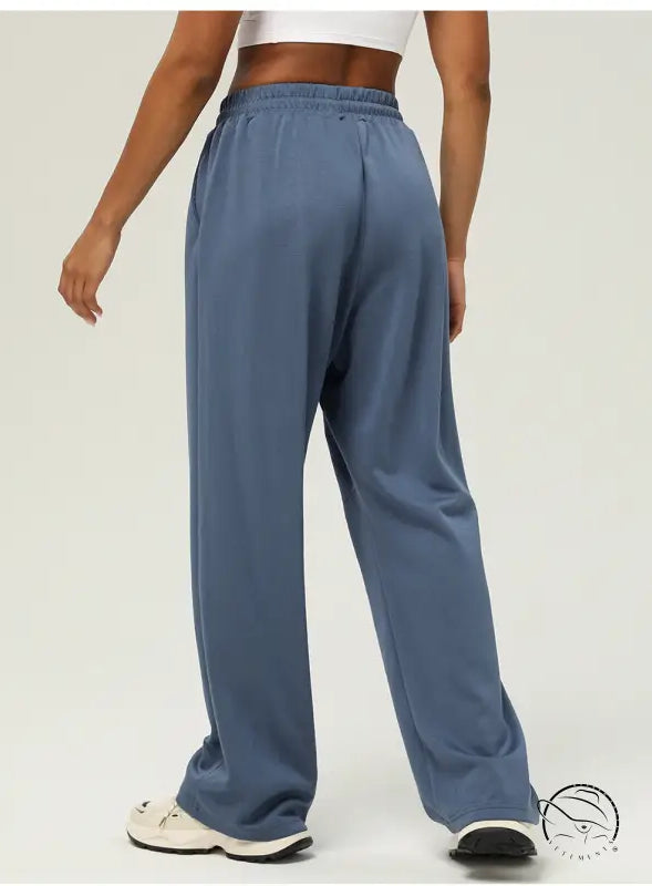 Blue-gray wide-leg casual fitness yoga pants with elastic waistband