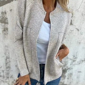 Beige zip-up cardigan with pockets from Casual Zipper Solid Color Jacket collection
