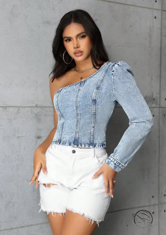 Women slim denim top with one-shoulder puffed sleeve