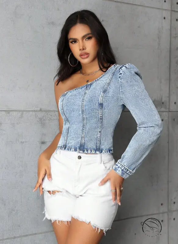 Women slim denim top with one-shoulder puffed sleeve
