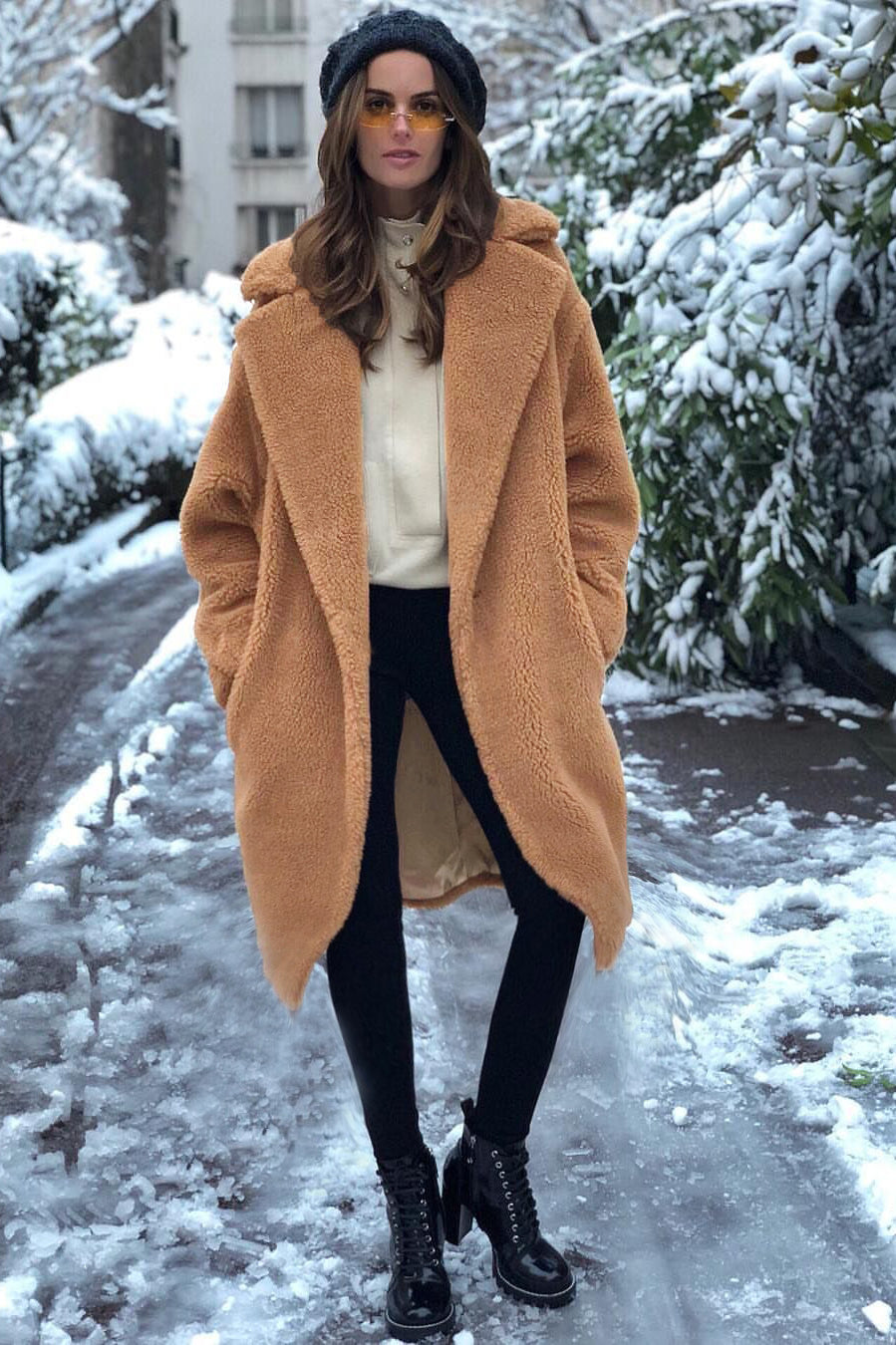 Cozy tan Langry casual faux fur teddy bear coat with hood