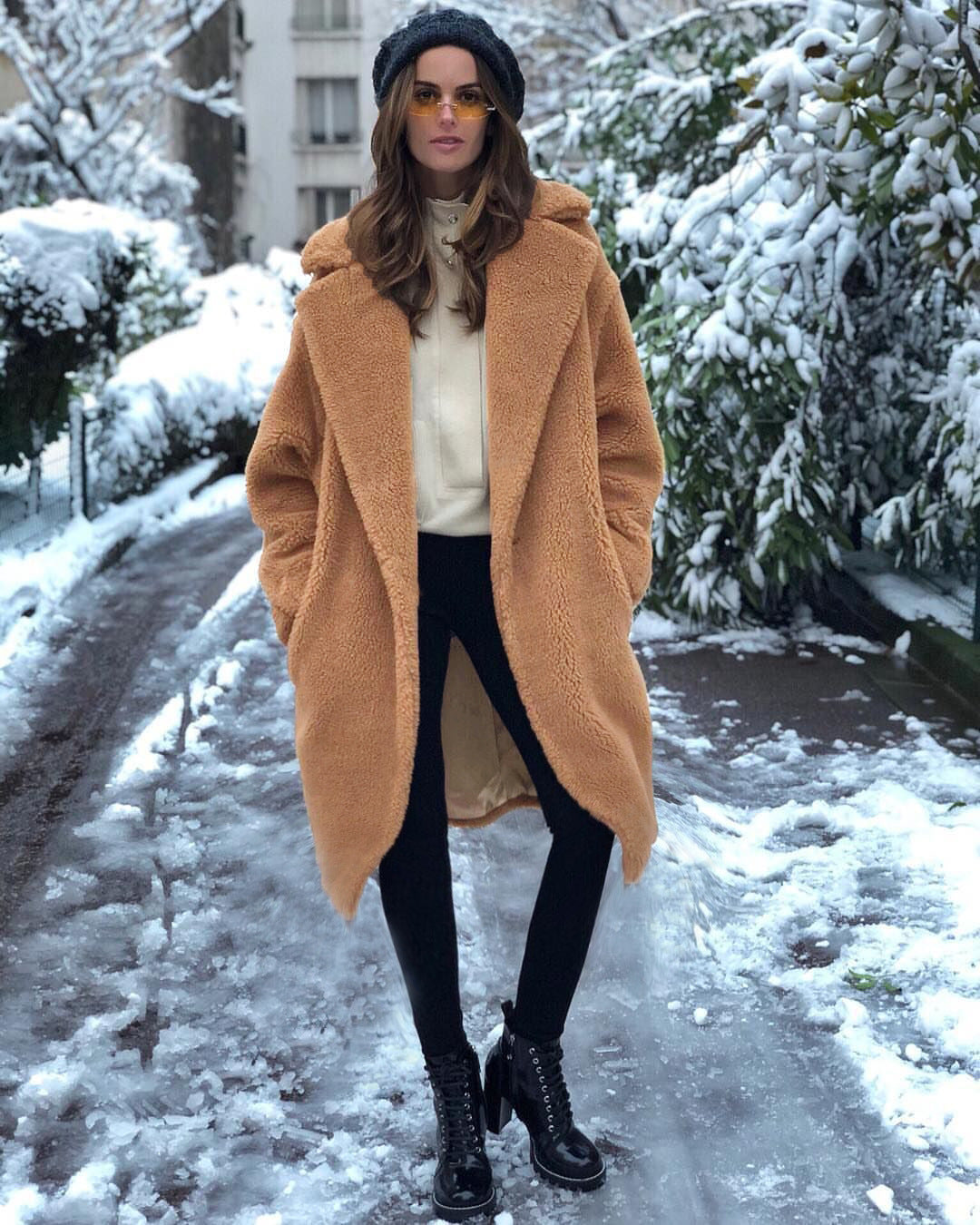 Cozy tan Langry casual faux fur teddy bear coat with hood