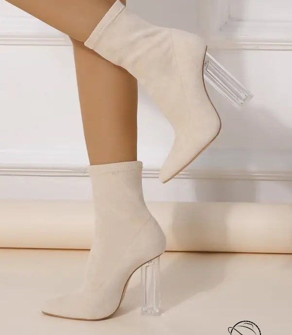 White Winter Crystal Heel Mid Boots with clear acrylic ankle heel