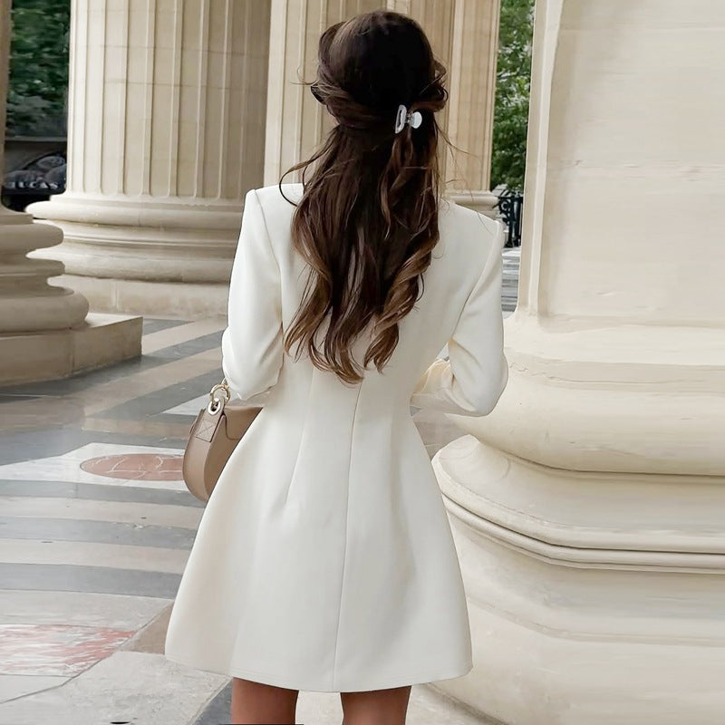 Elegant cardigan buckle waist slimming white blazer dress with long sleeves