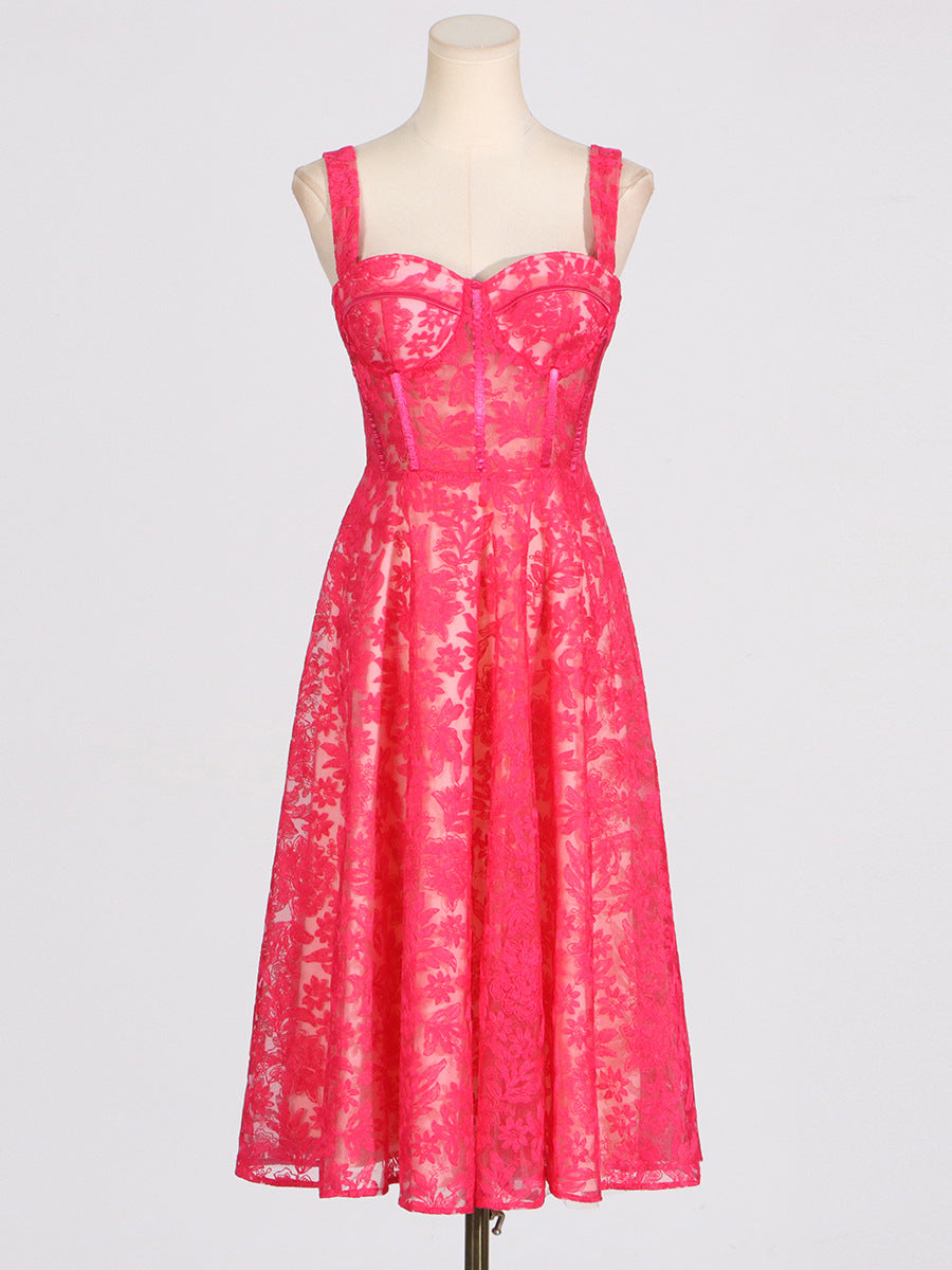 Hot pink lace Summer Sling Boning Corset Waist-Tight Maxi Dress Women fashion ملابس