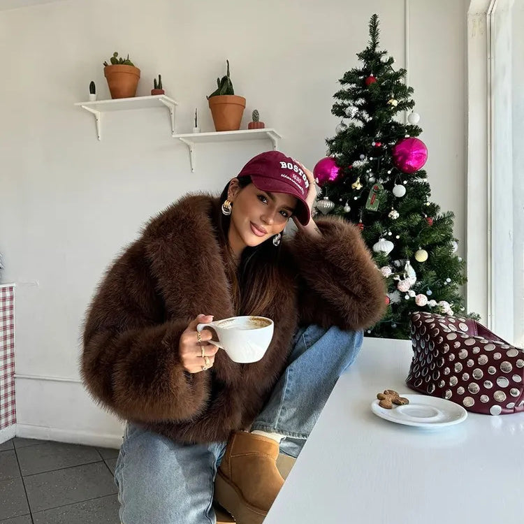 Gorgeous faux fur fox jacket in brown with red cap and jeans, Langry fashion
