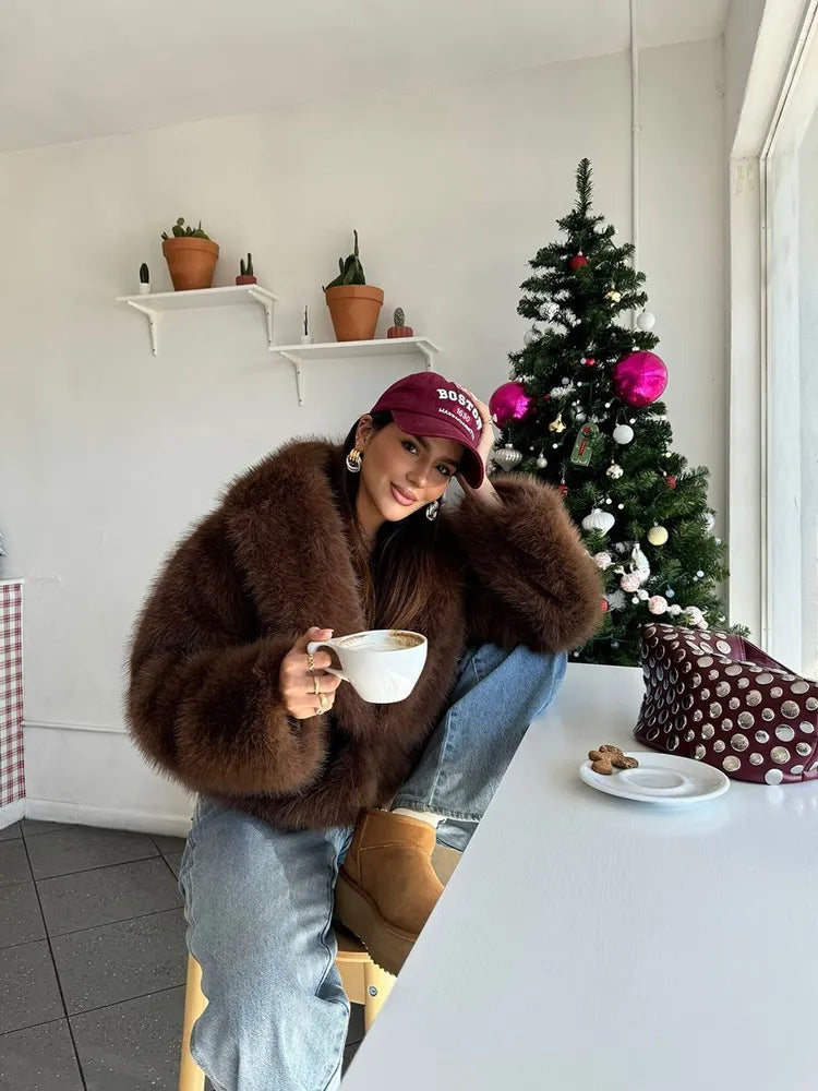Gorgeous faux fur fox jacket in brown with red cap and jeans, Langry fashion