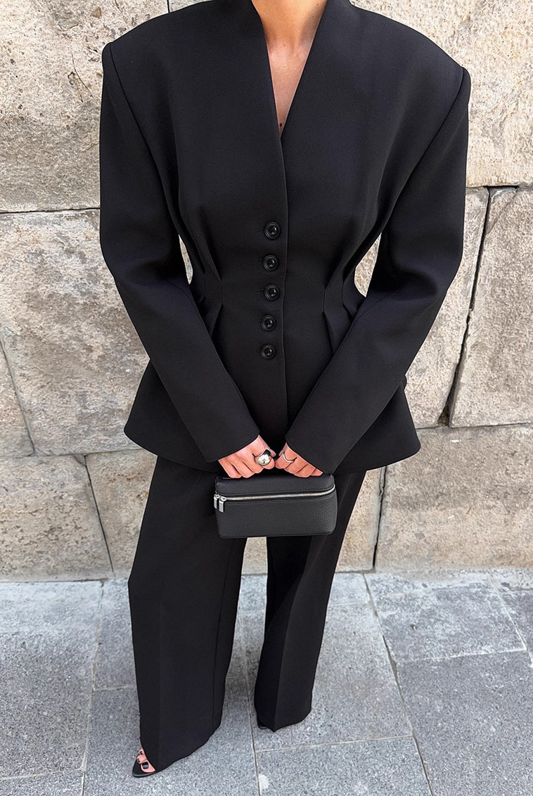 High Grade Pleated Waist Tight Blazer Trousers Two Piece Set
