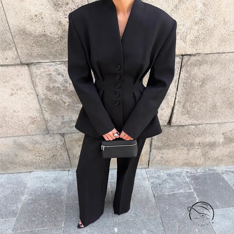High Grade Pleated Waist Tight Blazer Trousers Two Piece Set