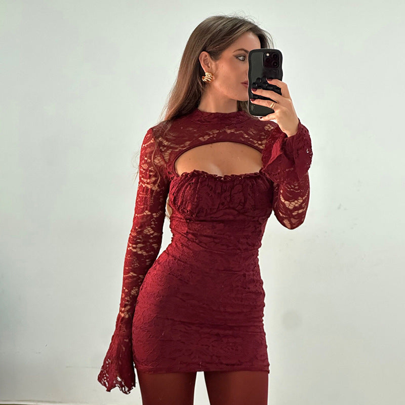Burgundy lace bodycon dress with cutout, long sleeves in elegant fashion ملابس