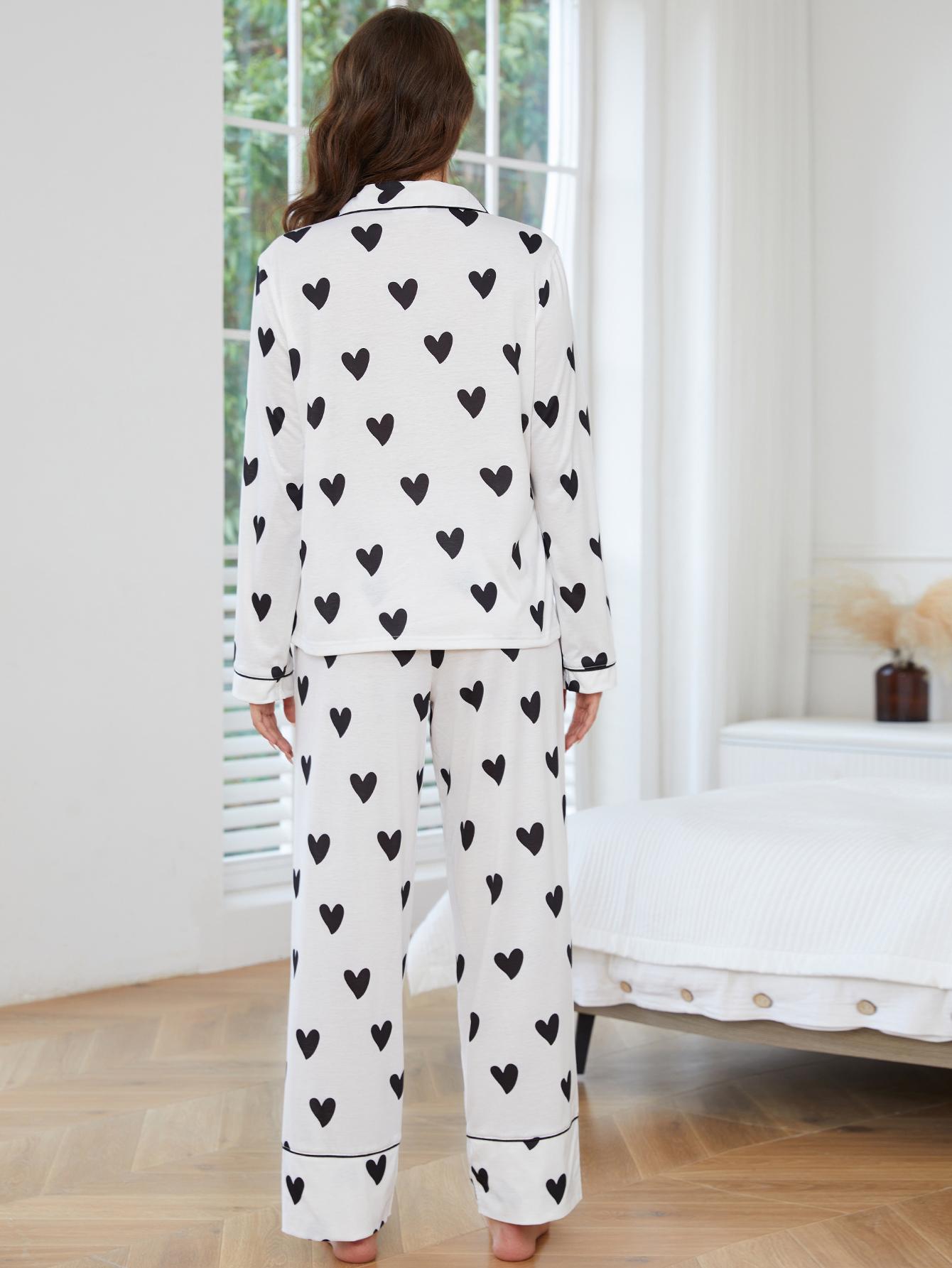 White pajamas with black hearts, stylish women fall winter fashion home wear