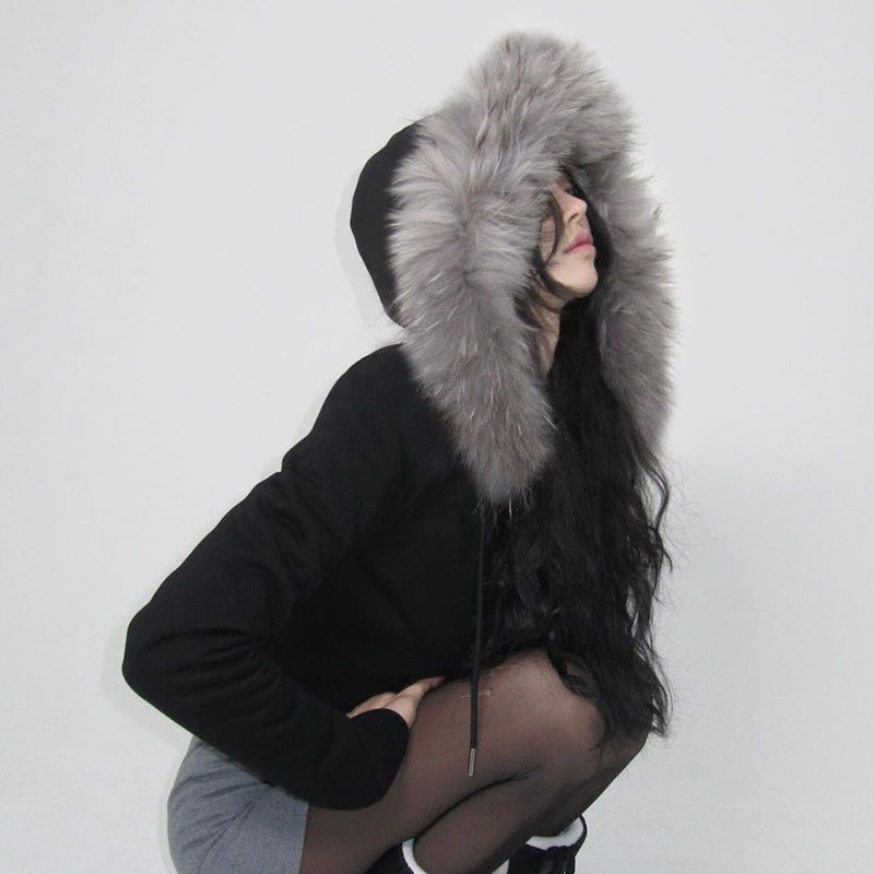 Black hooded parka with light gray fur trim from Street Retro Furry Splicing Coat collection, stylish ملابس for fashion enthusiasts