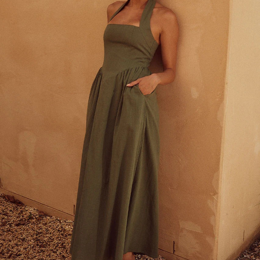 Olive green summer women wide camisole halter backless dress for women wide style