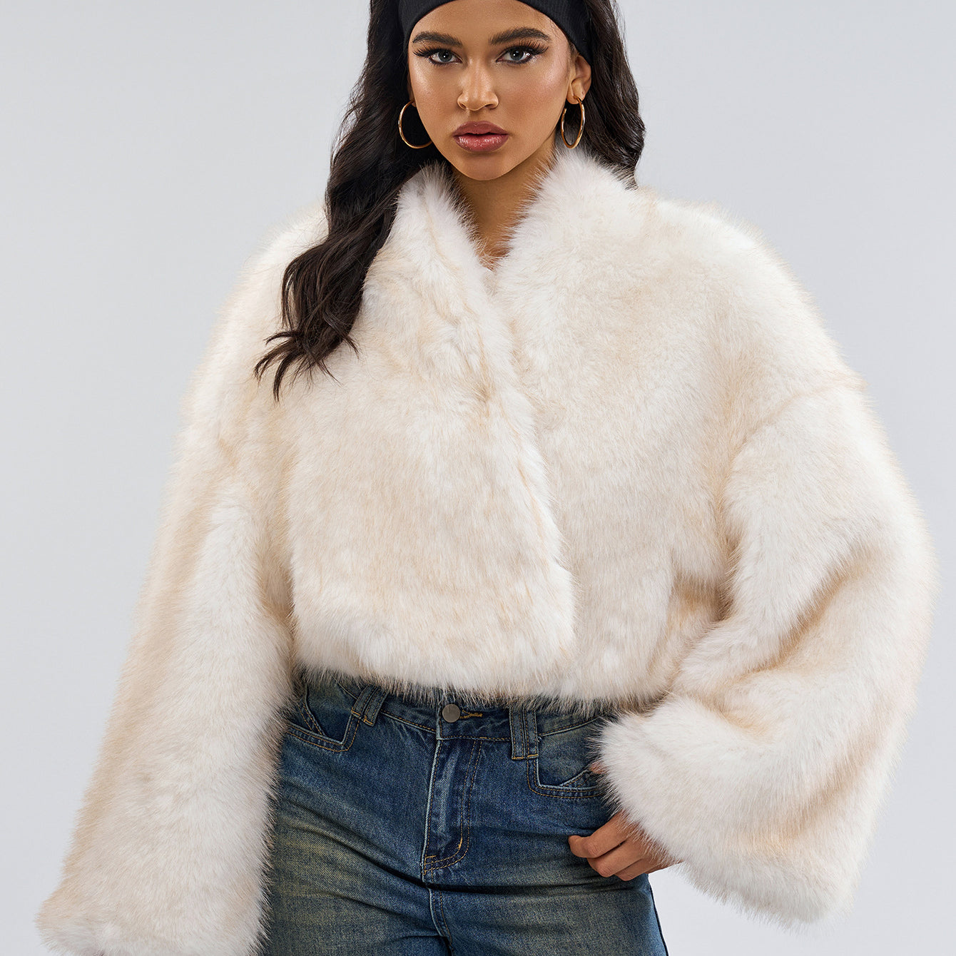 Woman in a fluffy white jacket and jeans showcasing Fur Short Coat fashion style