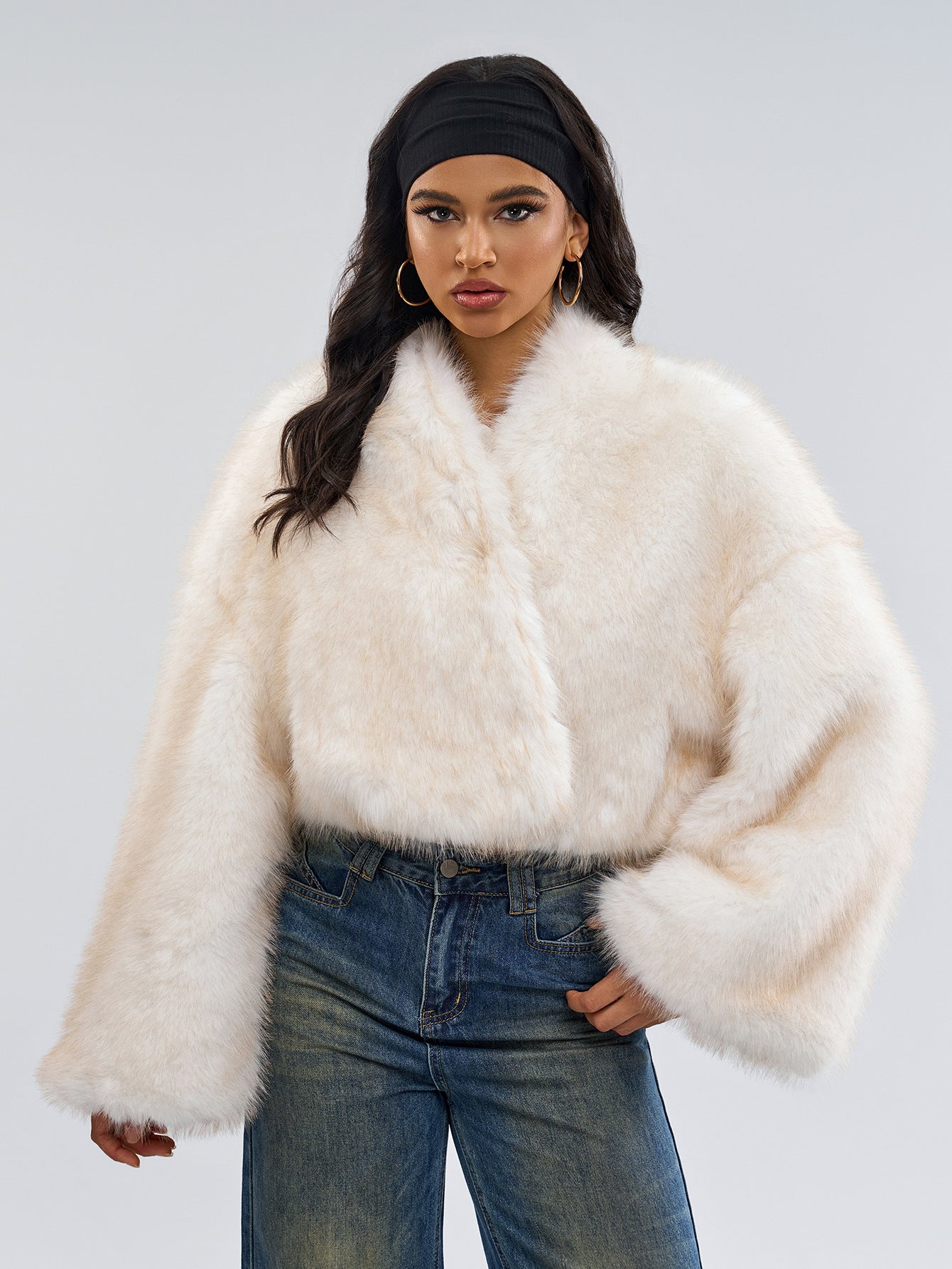 Woman in a fluffy white jacket and jeans showcasing Fur Short Coat fashion style