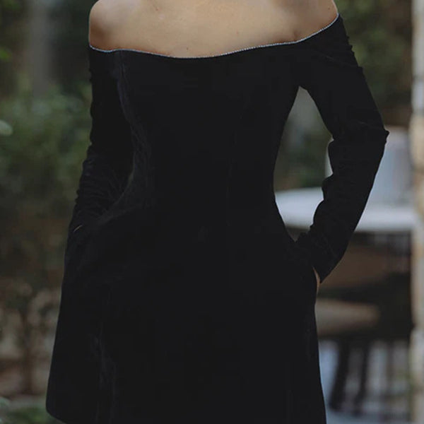 Elegant Velvet Diamonds off-shoulder short dress in black, perfect for fashionable outings