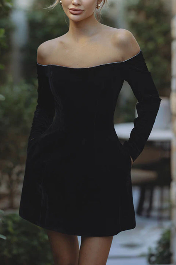 Elegant Velvet Diamonds off-shoulder short dress in black, perfect for fashionable outings