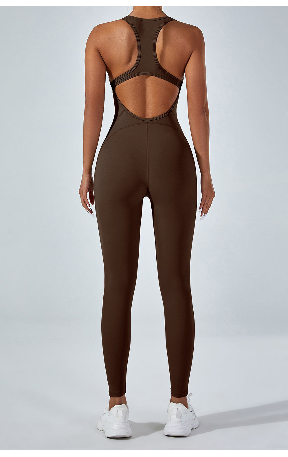 Langry fashion yoga one piece jumpsuit in sleek brown with racerback cutouts