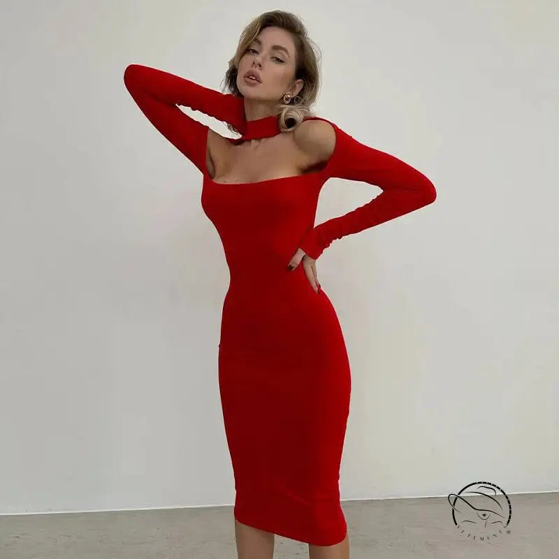 Red langry slim fit sheath dress: fashion midi with choker neckline