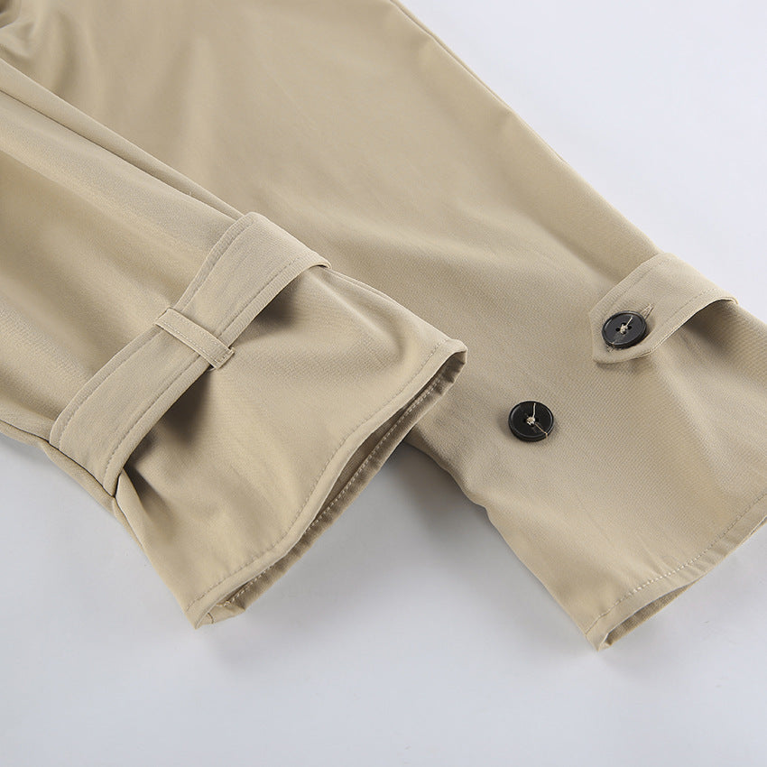 British langry fashion trench coat with buttoned cuffs and belt loops