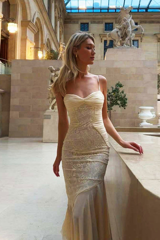 Elegant lace gown showcasing a stylish cami dress in contemporary fashion