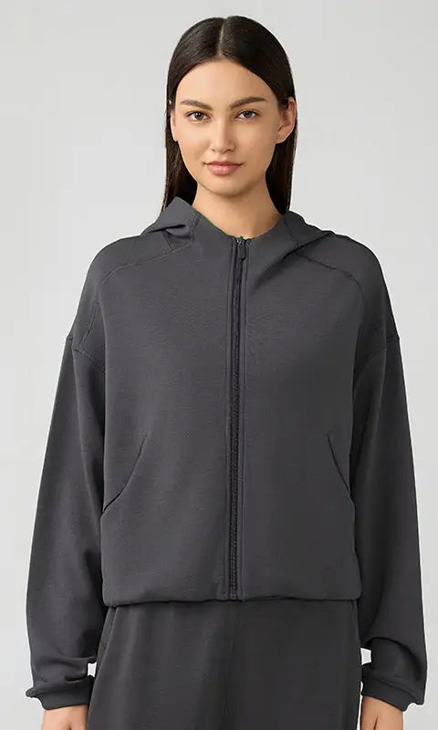 Gray hooded zip cardigan coat for women, loose fit autumn pullover