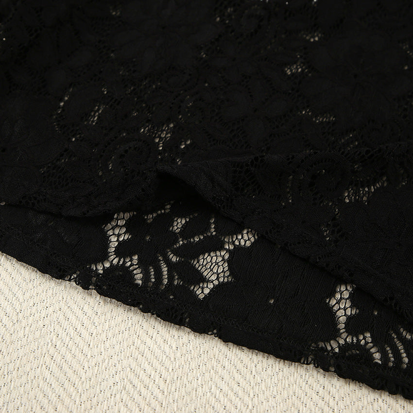 Black lace fabric with floral pattern showcasing fashionable pajamas lace design for slit shorts