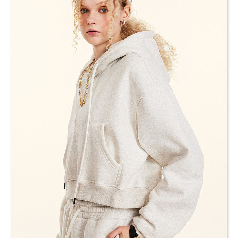 White hooded sweatshirt and sweatpants in casual athletic style for Winter Retro Hooded Pullover