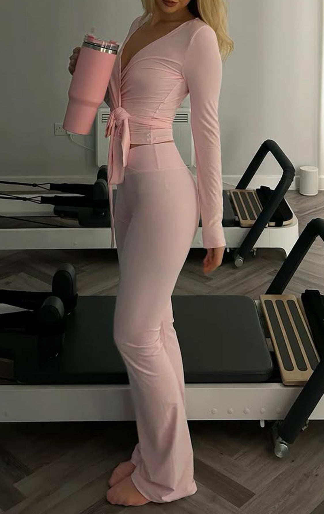 Pink insulated travel mug with silver lid and black grip band in Langry fashion ملابس