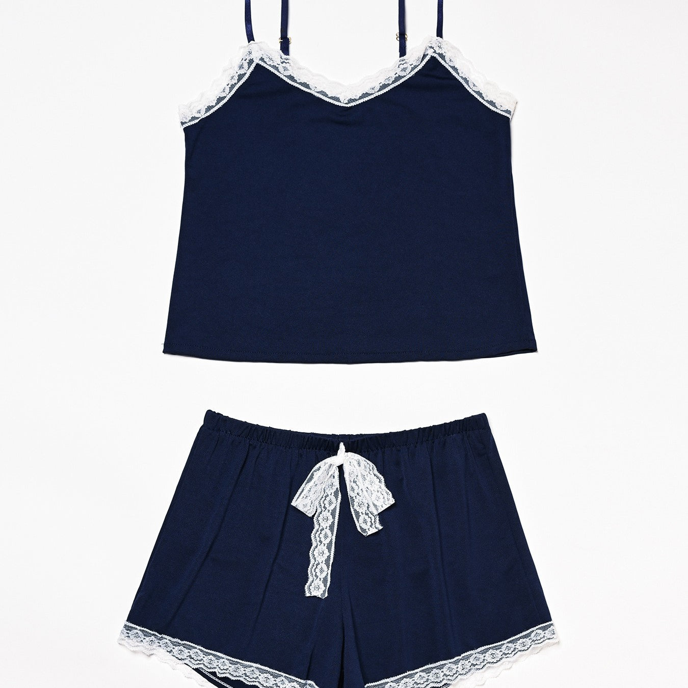 Navy blue pajama set with lace trim from Comfy Suspenders, perfect for stylish relaxation