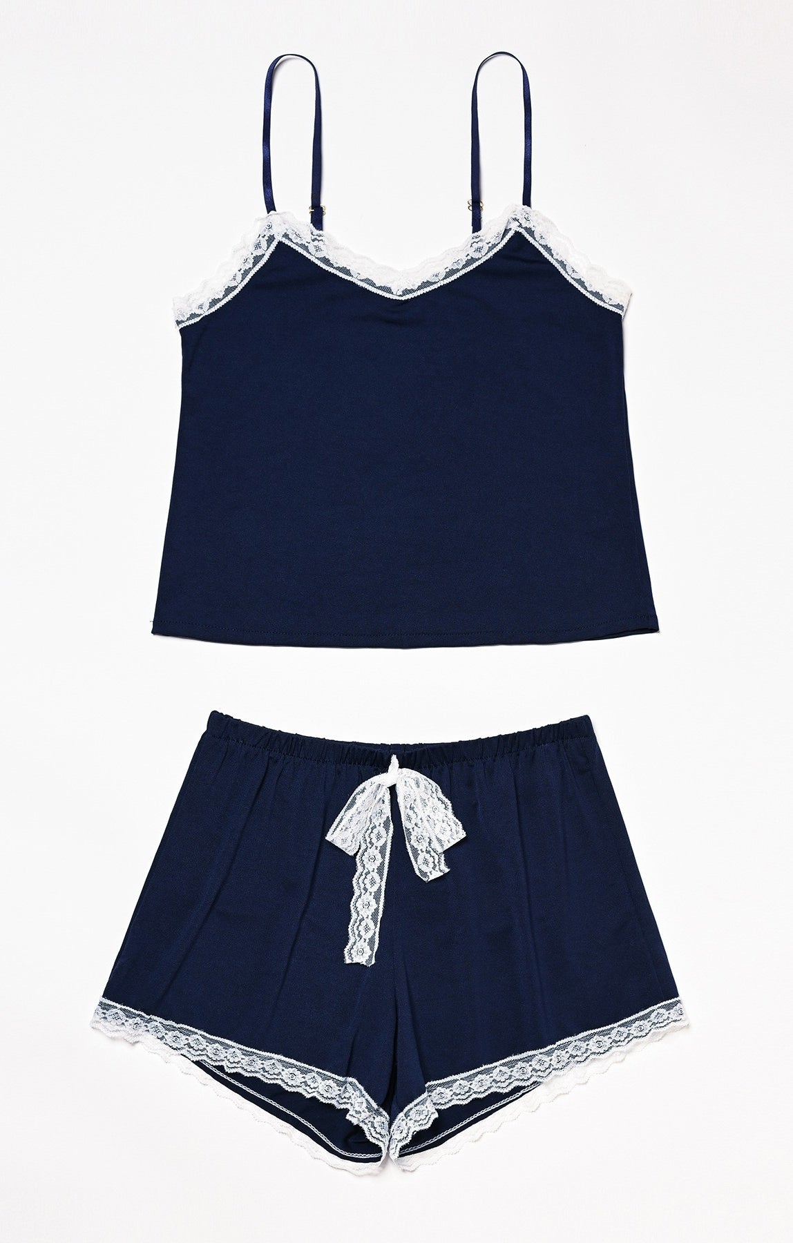 Navy blue pajama set with lace trim from Comfy Suspenders, perfect for stylish relaxation