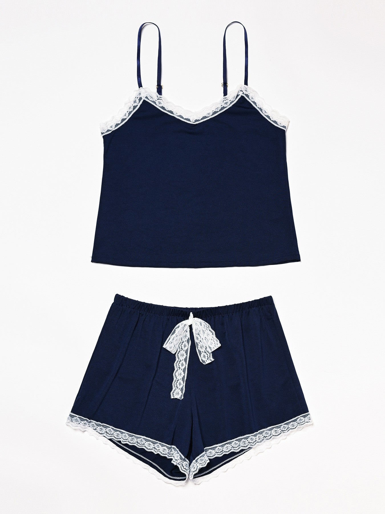Navy blue pajama set with lace trim from Comfy Suspenders, perfect for stylish relaxation