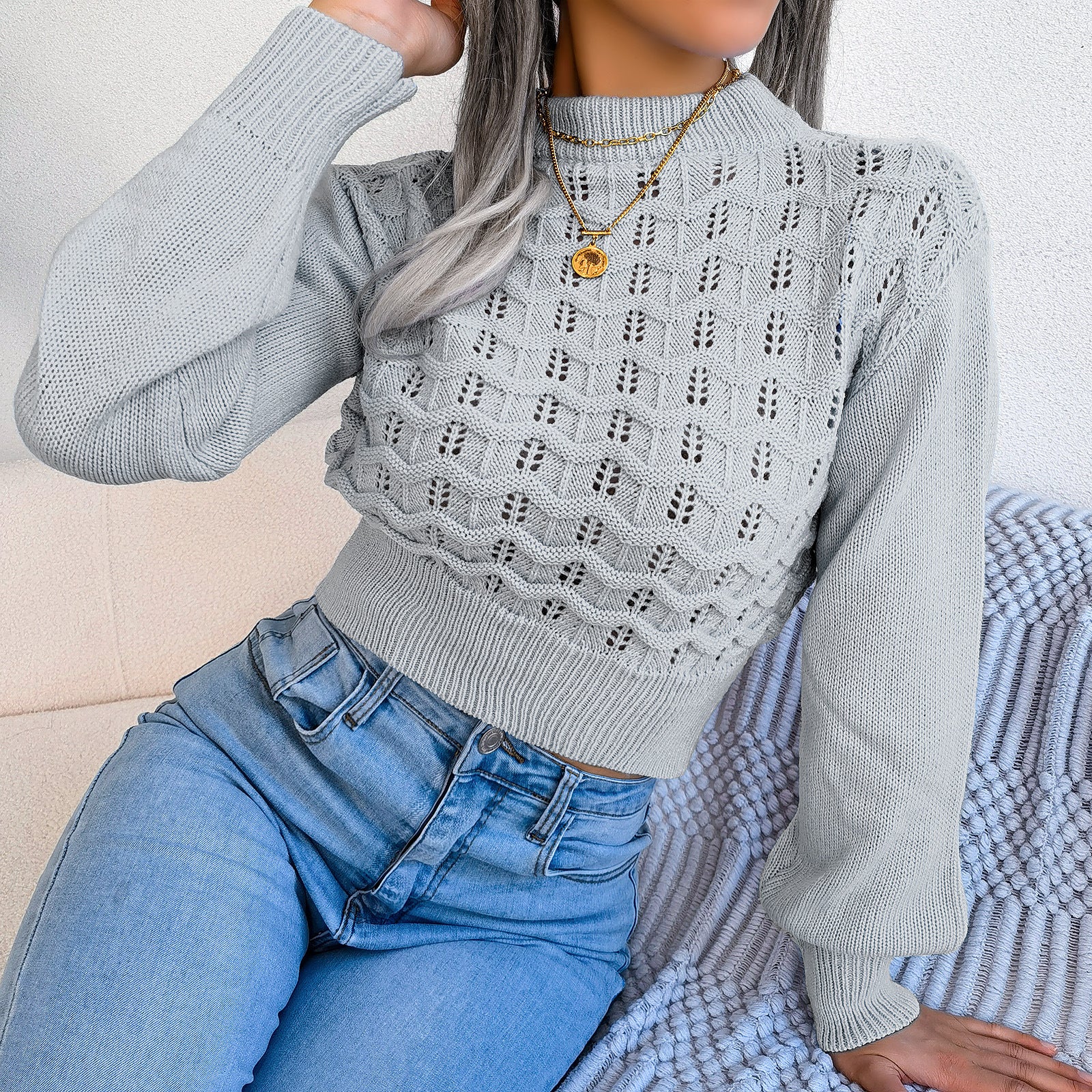 Light blue Lantern Sleeve Cropped Knitted Sweater for trendy fashion styling