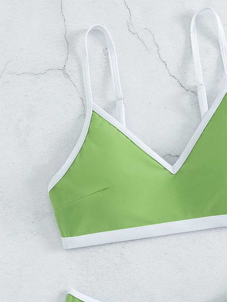 Green and white bikini top with solid color stitching and stitching small fresh design