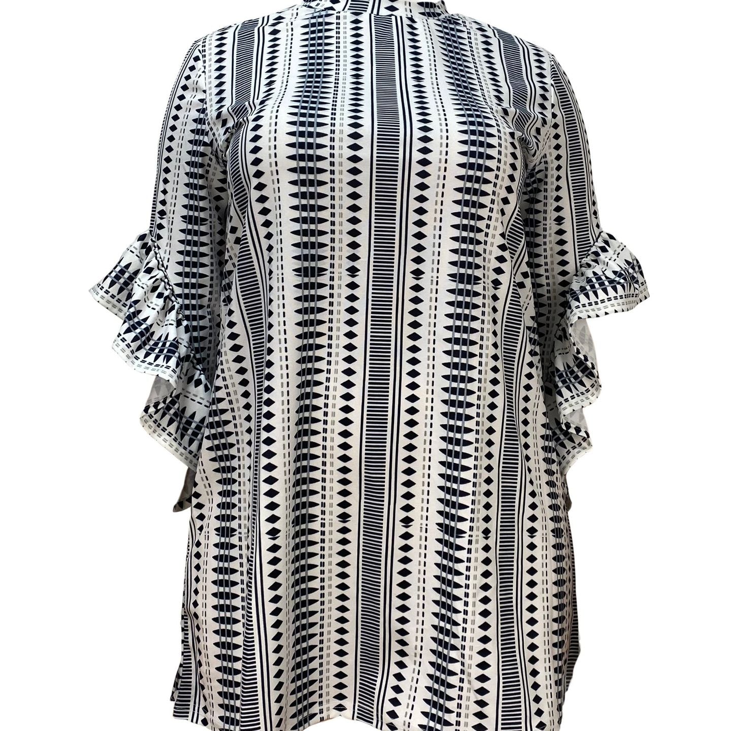Black and white patterned blouse with ruffled sleeves, stylish fashion ملابس