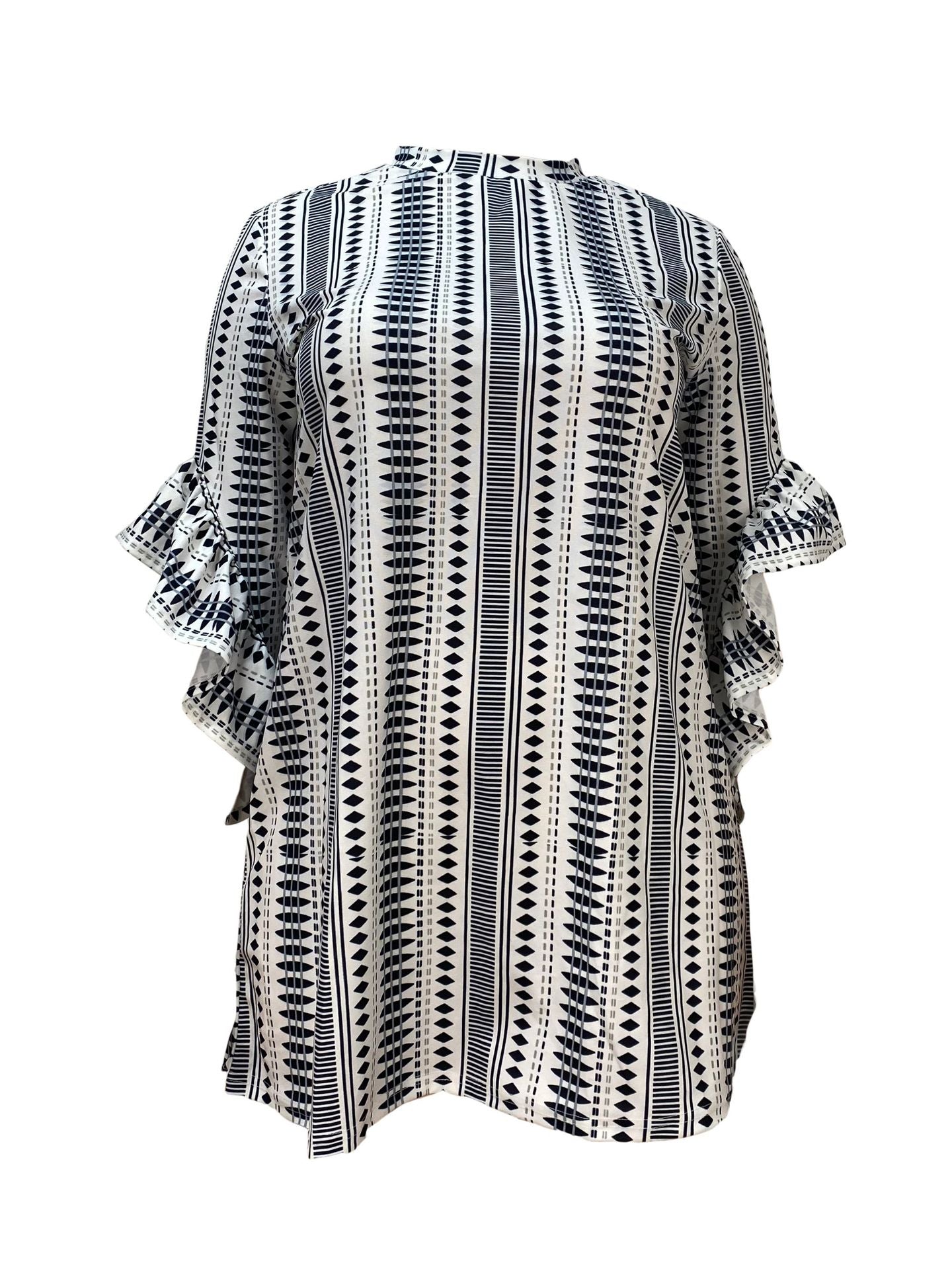 Black and white patterned blouse with ruffled sleeves, stylish fashion ملابس