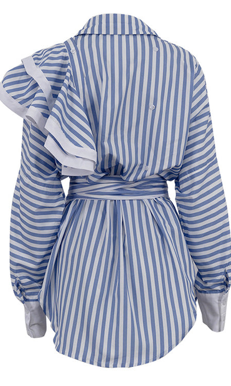 Blue and white striped ruffled blouse for Elegant Cardigan Shirt Dress in modern fashion