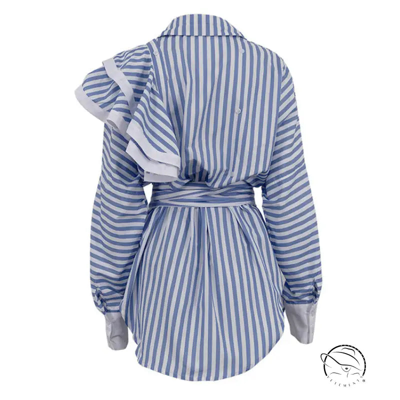 Elegant cardigan shirt dress with blue and white striped ruffled blouse