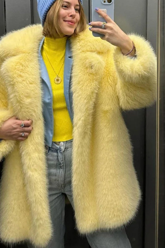 Yellow fluffy faux fur coat with relaxed fit and oversized sleeves