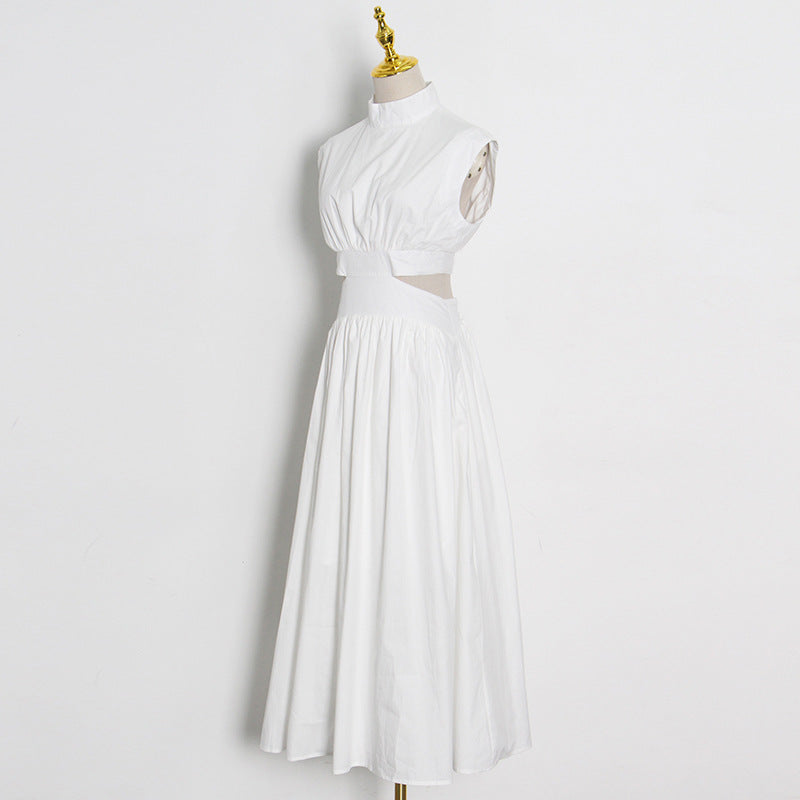 White sleeveless cutout vacation dress with stand collar, luxurious slimming outfit