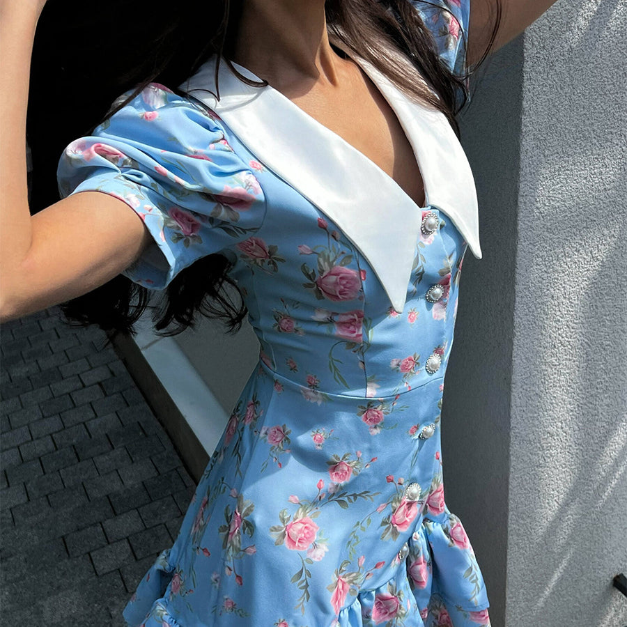 French v Neck Puff Sleeve Short Ruffled Dress