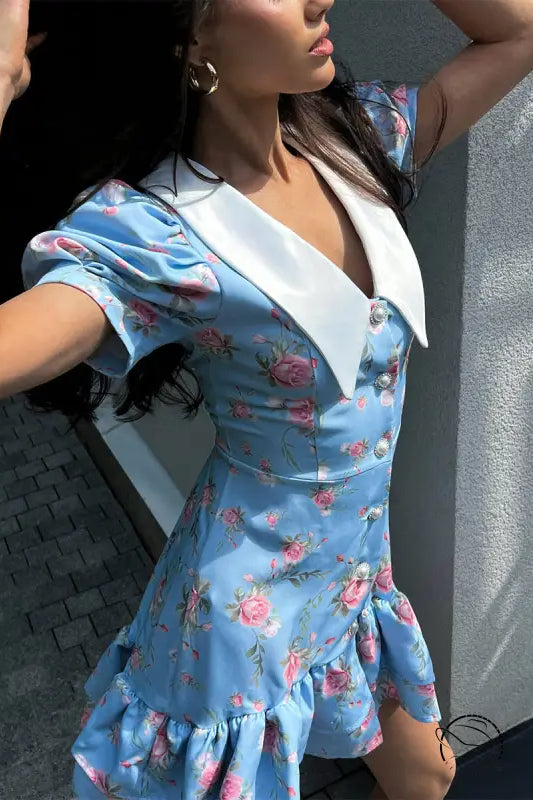 French v Neck Puff Sleeve Short Ruffled Dress