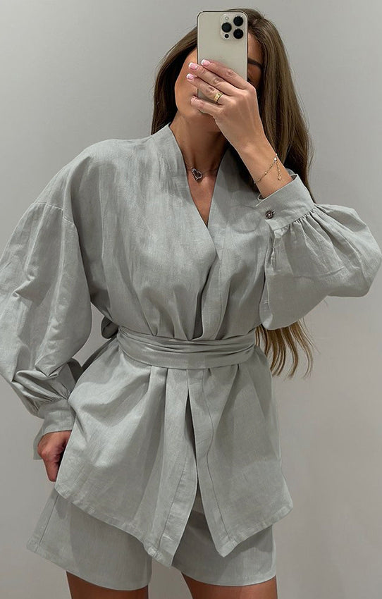 Light green long-sleeve wrap top with matching short set from Loose Casual Cotton Pajamas