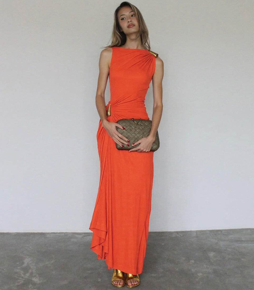 Elegant langry fashion sleeveless maxi dress in orange with gold sandals