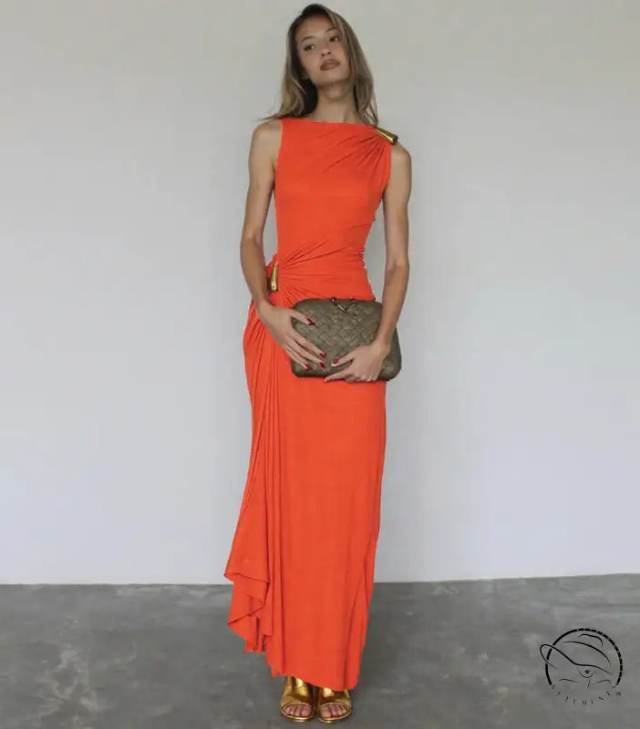 Elegant langry fashion orange sleeveless maxi dress with gold sandals